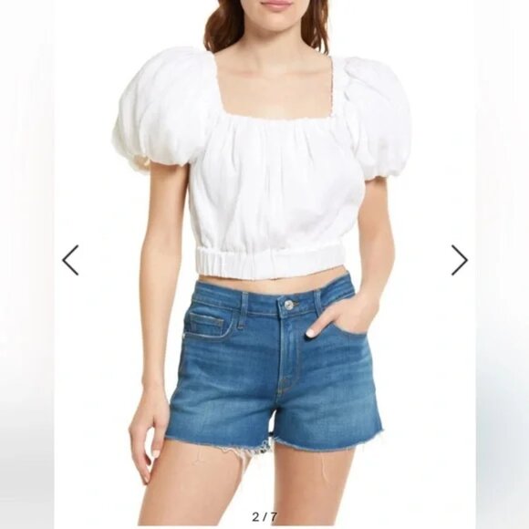 Frame NWT white ruched puff sleeve Ramie cotton square neck cropped top sz S - Picture 2 of 12